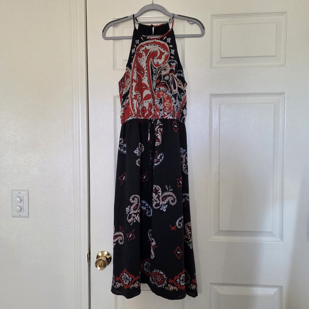 LOFT Black Midi Halter Dress with Red and White Paisley